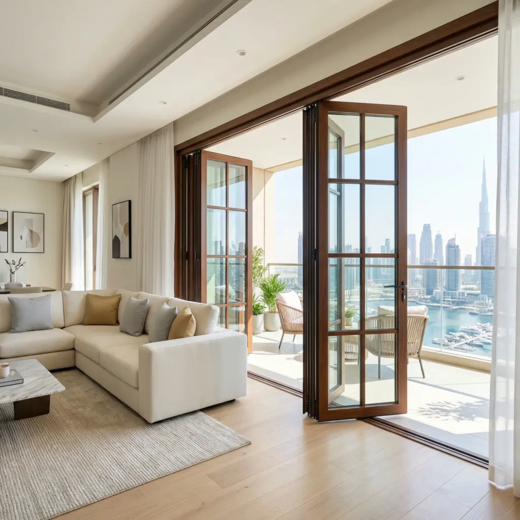 Large wooden frames with glass panels bringing sunshine into a living room.