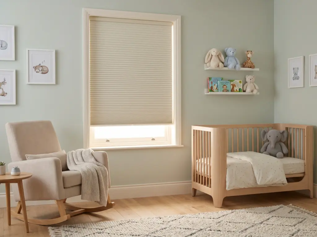 Peaceful baby nursery room featuring child safe cordless blackout blinds.