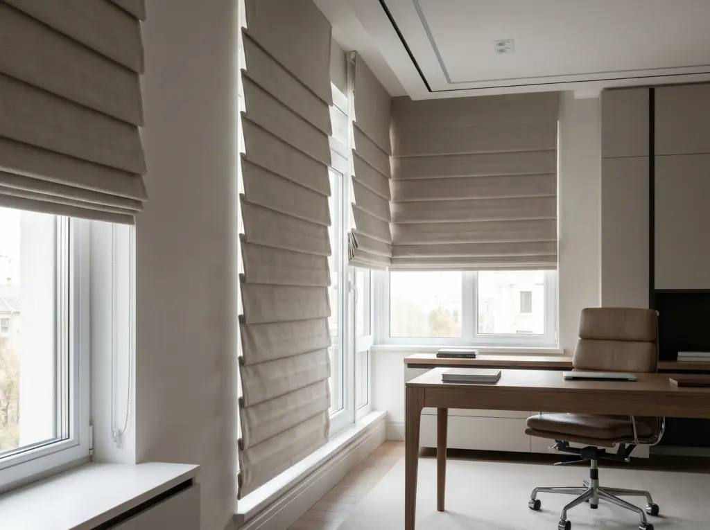 Neatly stacked classic fold Roman blinds in a sophisticated home office setting.