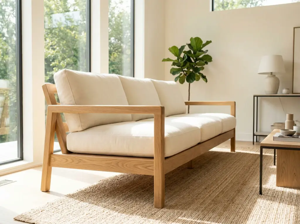 Handcrafted timber wooden sofa with plush cushions.