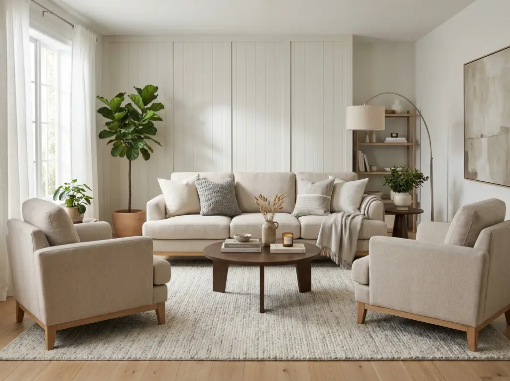 Fully matched complete sofa set arrangement.