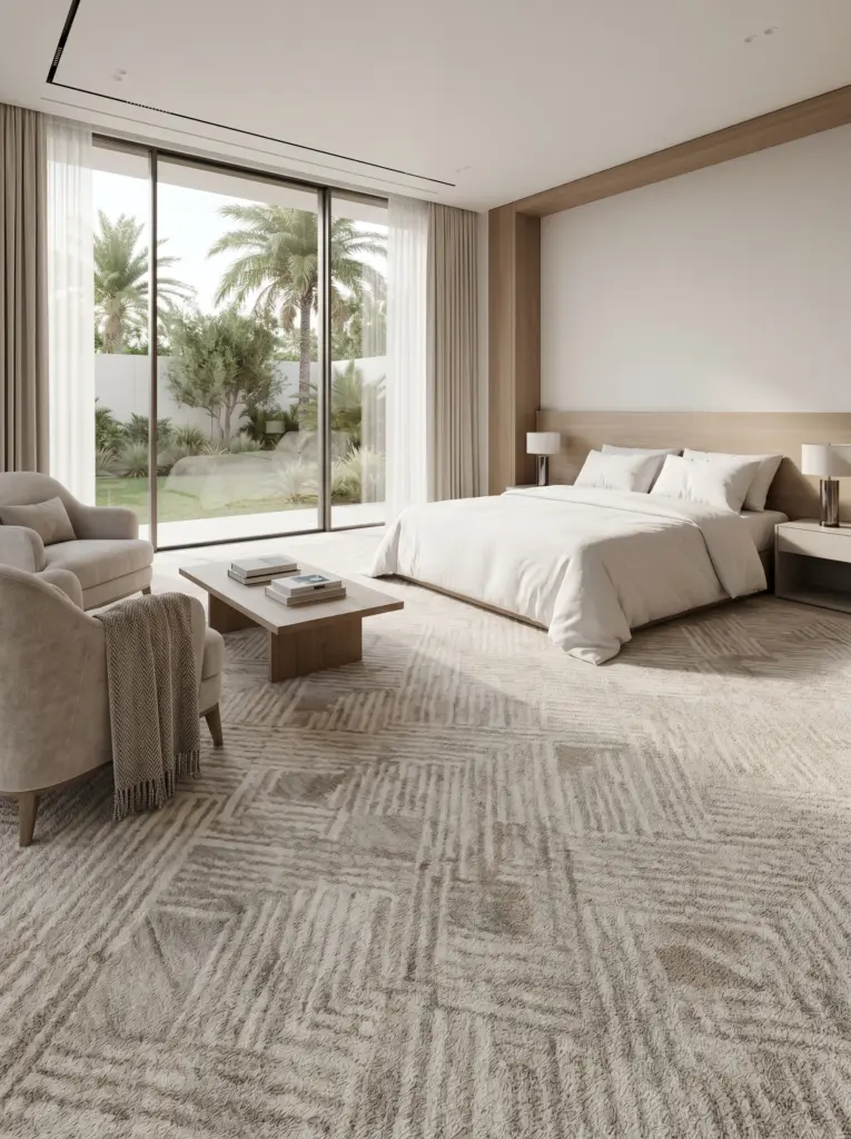 Expansive estate living area enhanced by premium custom rugs Dubai.