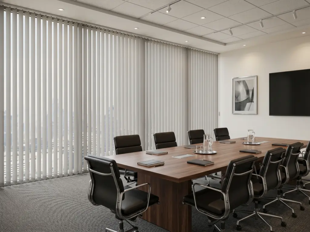 Fire retardant commercial vertical blinds enhancing a professional corporate environment.