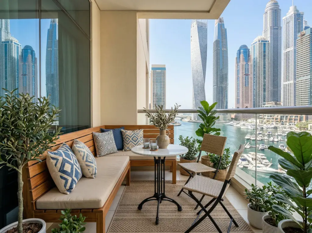 Compact and comfortable custom seating solutions for an apartment balcony.