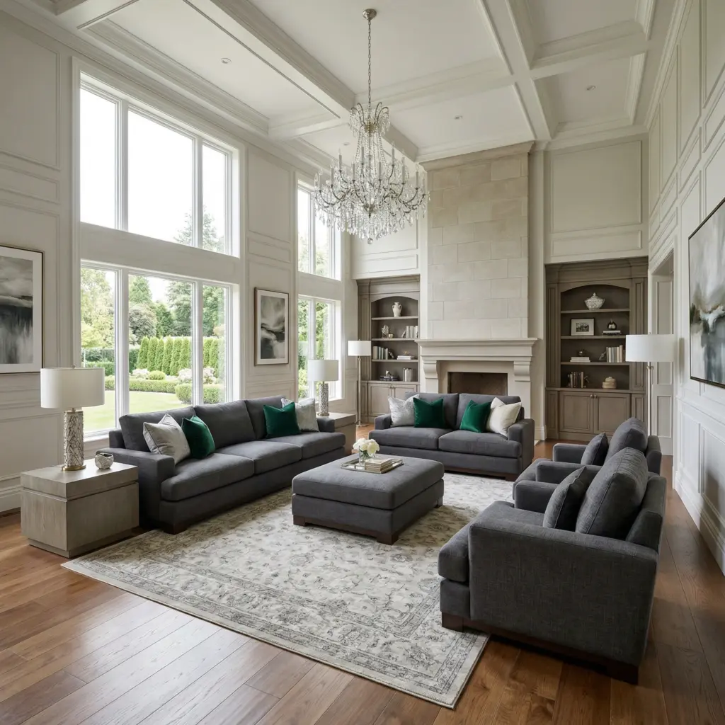 Comprehensive seating bundle set anchoring a living room.