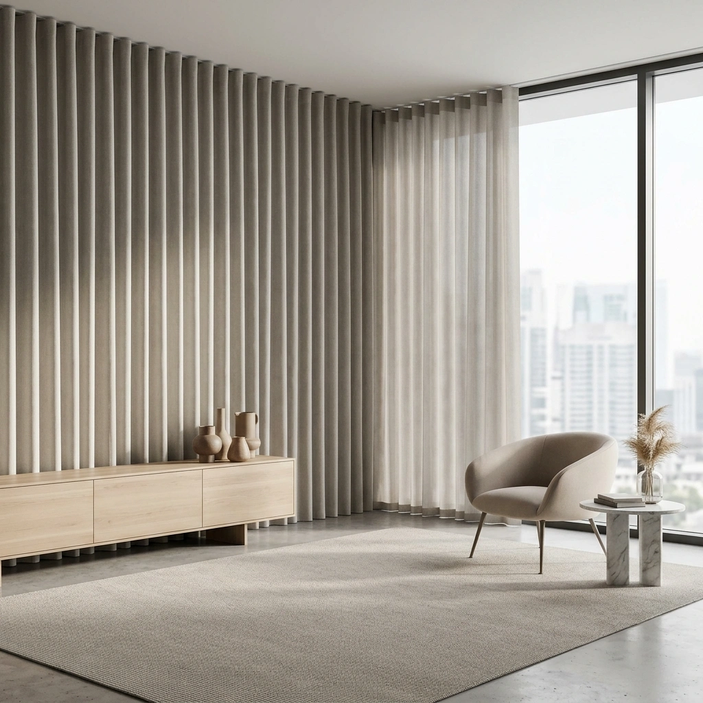 Continuous ripple wave curtains Dubai in a modern apartment