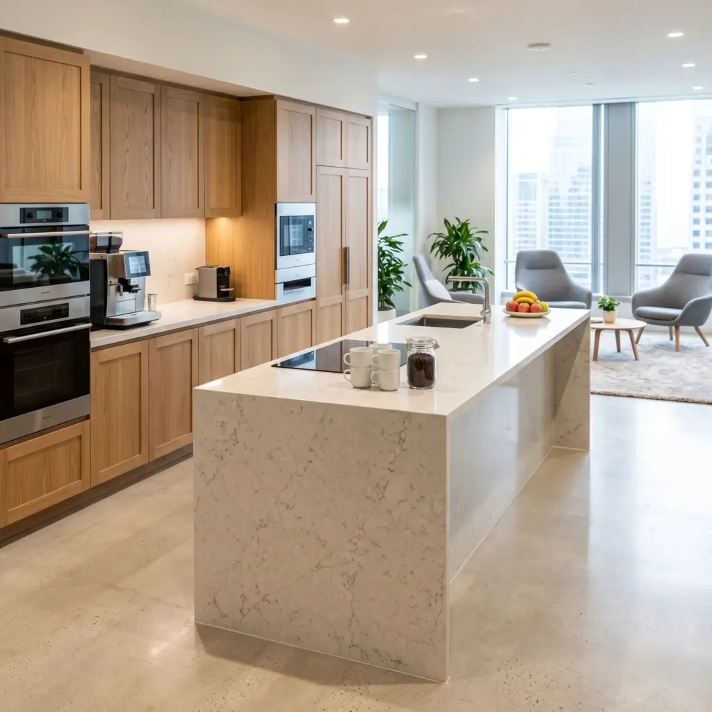 A fully equipped corporate kitchen area built for daily comfort by office renovation Dubai.