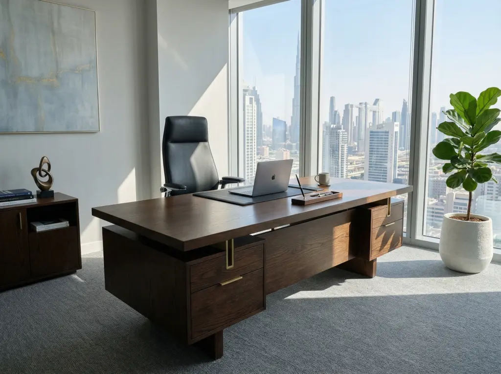 Ergonomic corporate office desk and executive seating in a commercial workspace.