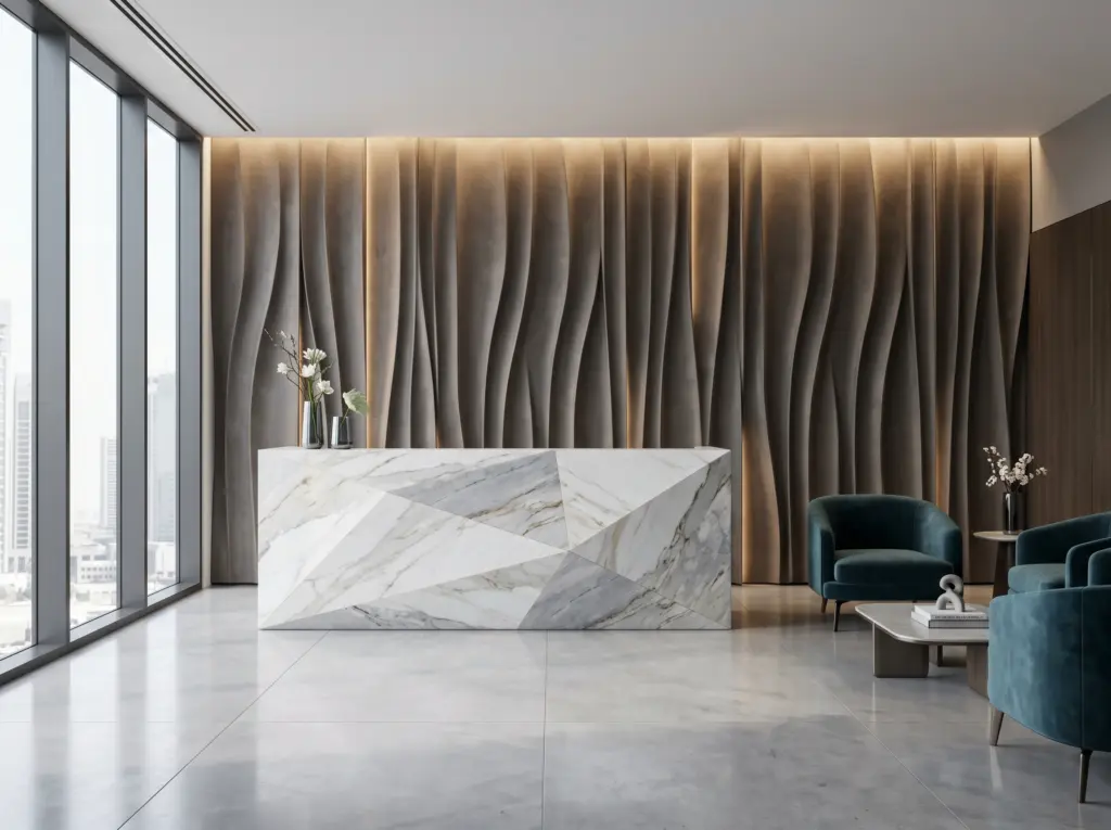 An impressive corporate lobby and front desk reflecting high quality office renovation Dubai.