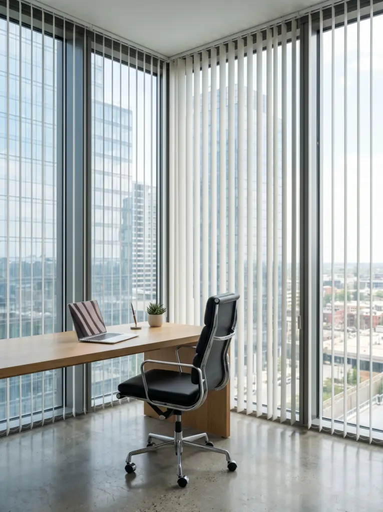 Commercial grade vertical blinds providing glare reduction in a modern corporate office.