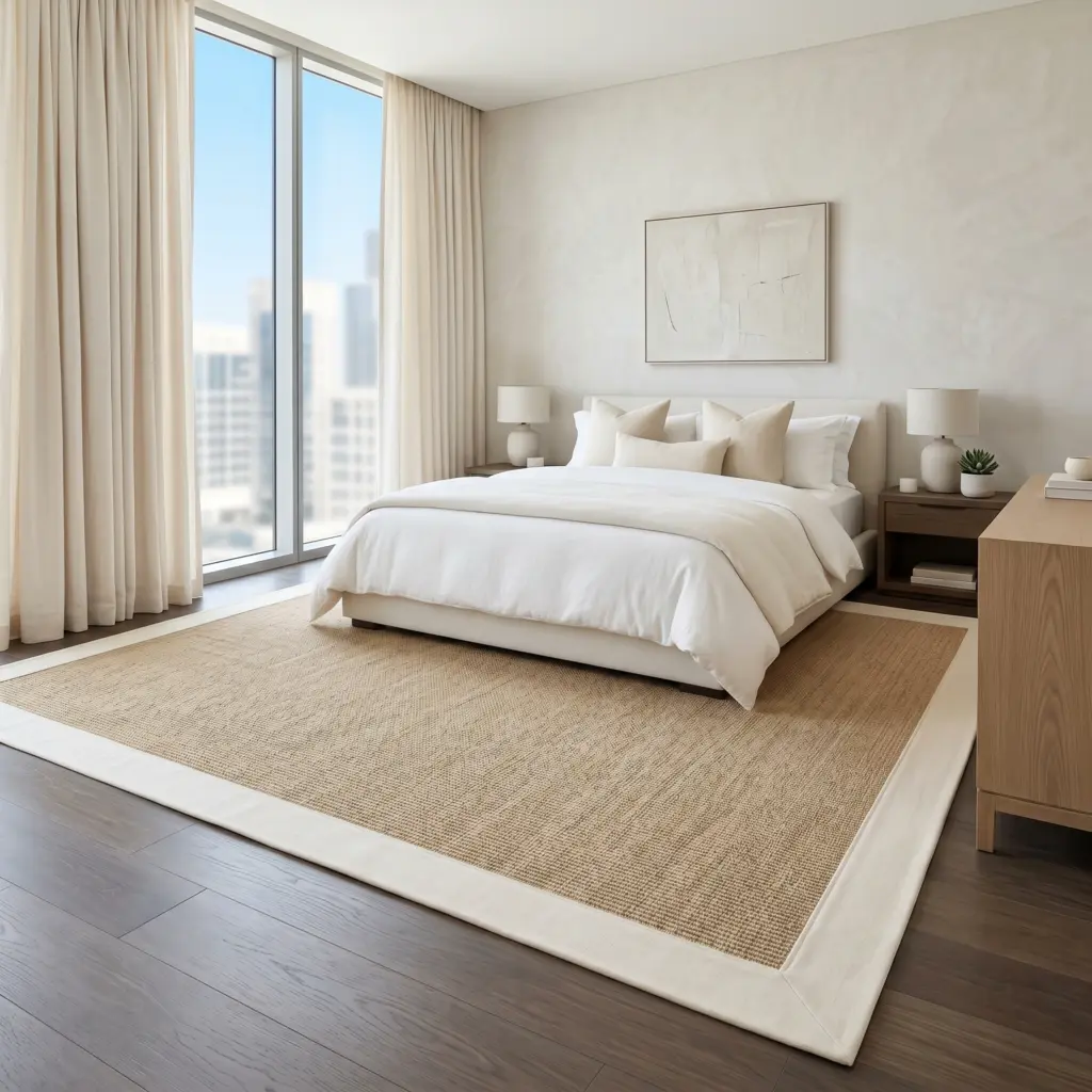 Striking contrast and seamless monochromatic looks of cotton bordered sisal rugs Dubai.