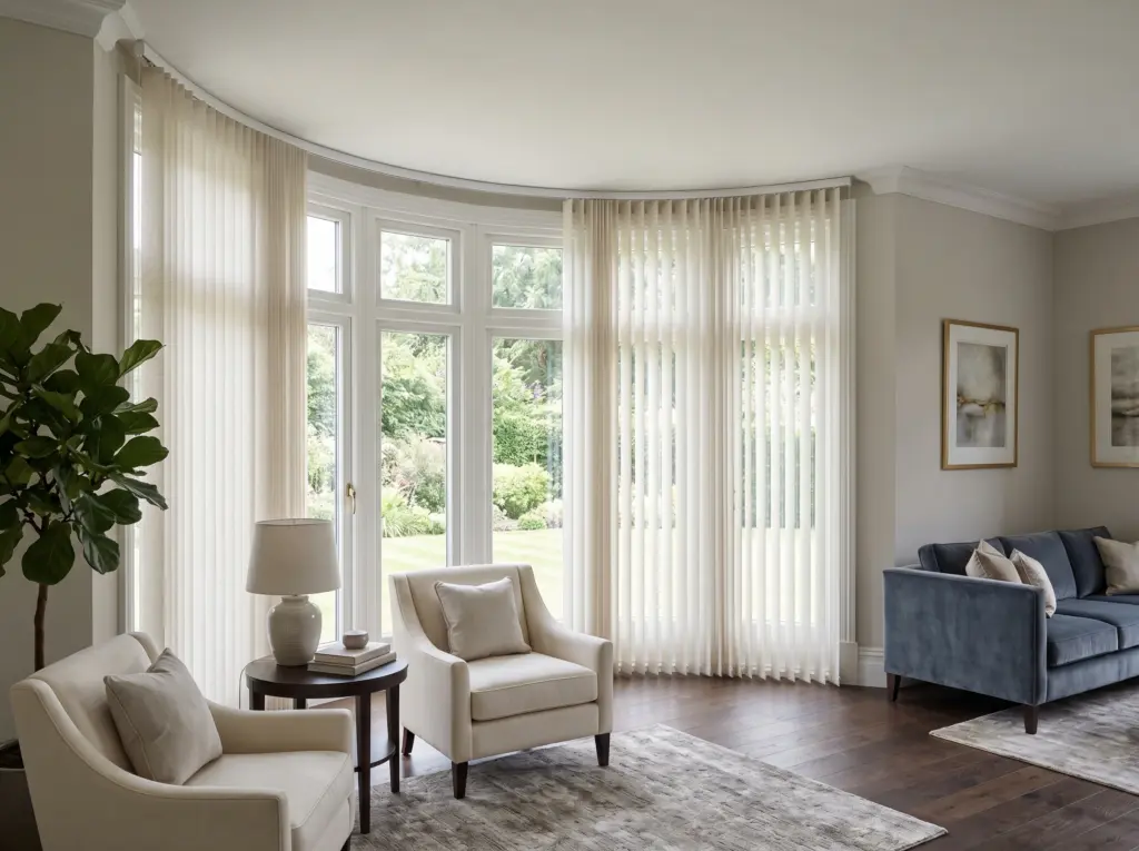 Precision custom bent rails featuring vertical blinds tailored perfectly for a bay window.