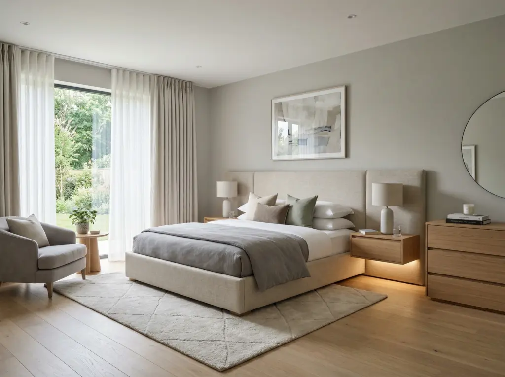 Tranquil bedroom setup featuring an elegant custom bed frame and tailored wardrobe.