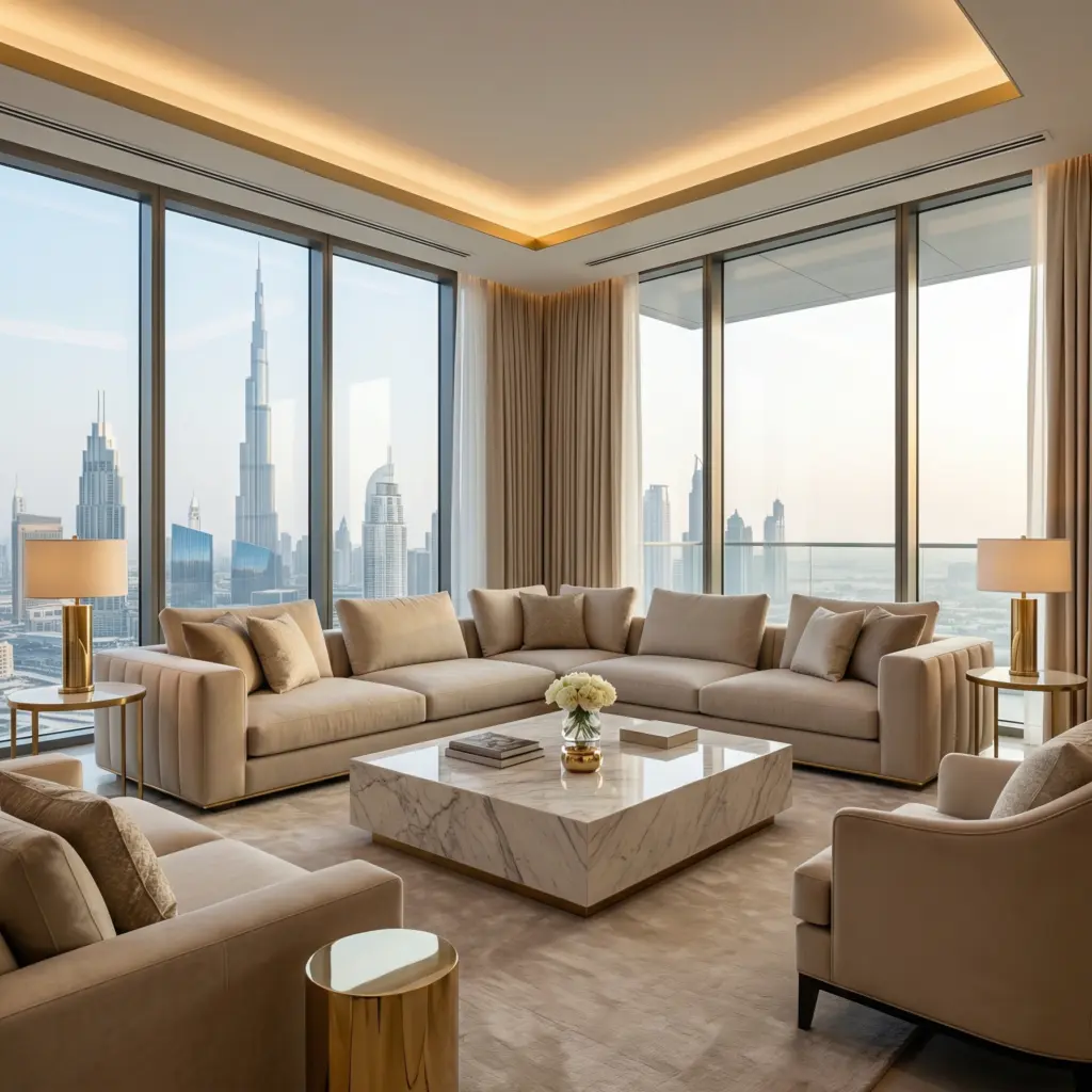 Primary living lounge showcasing a magnificent custom TV unit and art display cabinet.