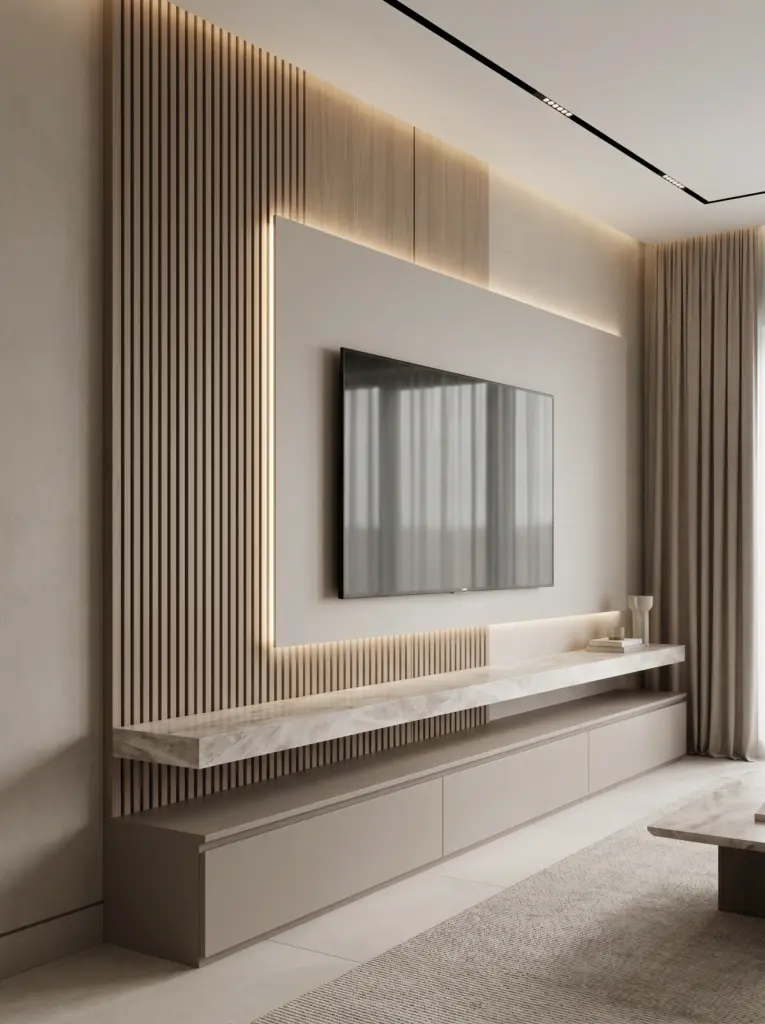 A newly remodeled living area highlighting our expert property renovation Dubai approach with custom wall paneling.