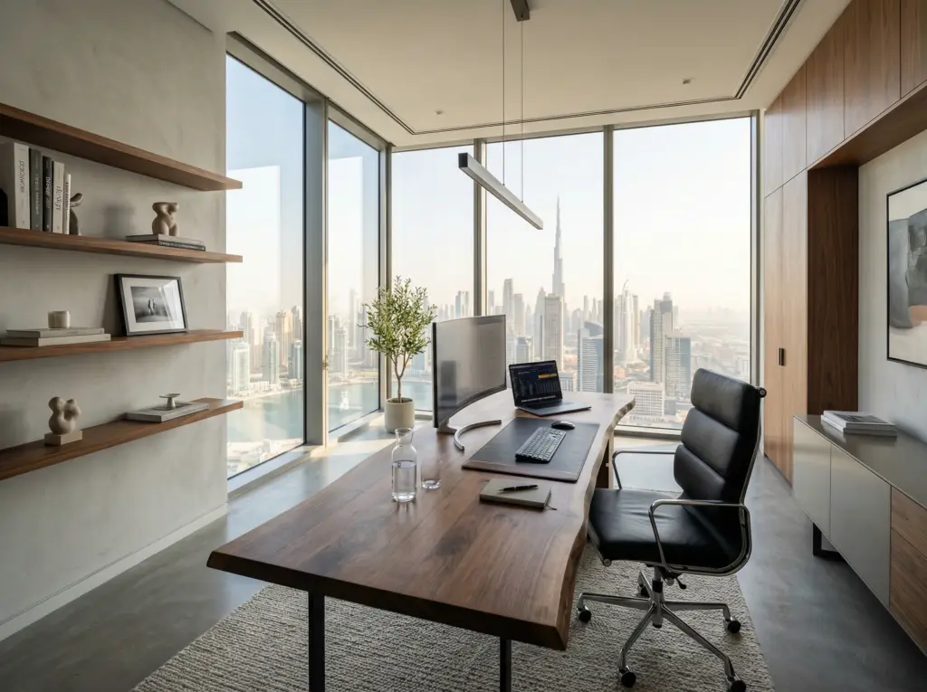 Bespoke wooden executive desk and shelving handcrafted by Kustomspace in a luxury Dubai office.