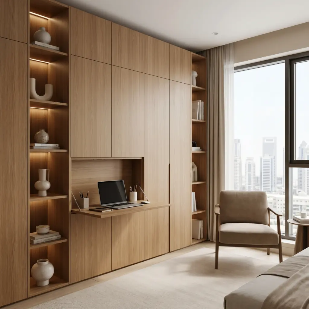 Highly functional compact unit optimized with custom cabinetry by apartment renovation Dubai.