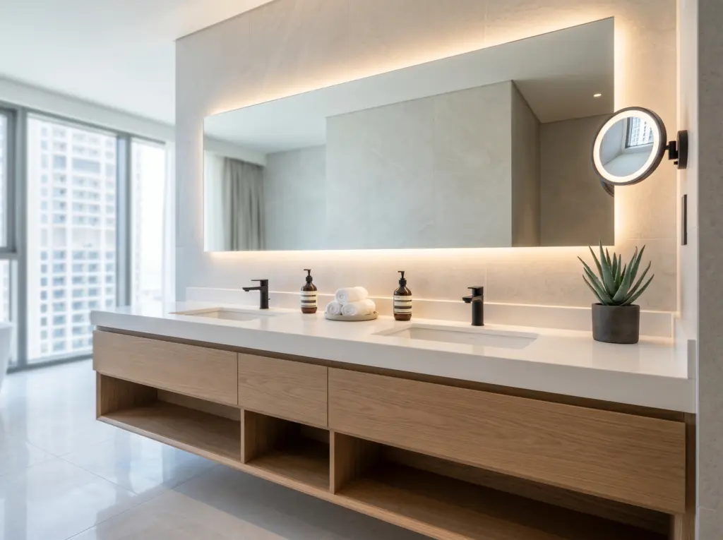 Tailored wooden cabinets and integrated LED mirrors representing reliable bathroom renovation Dubai.
