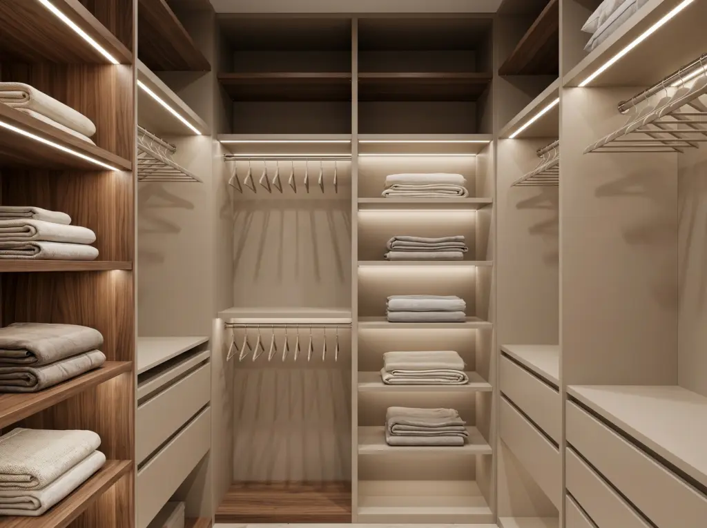 Organised custom shelving in a walk in wardrobe for bedroom renovation Dubai