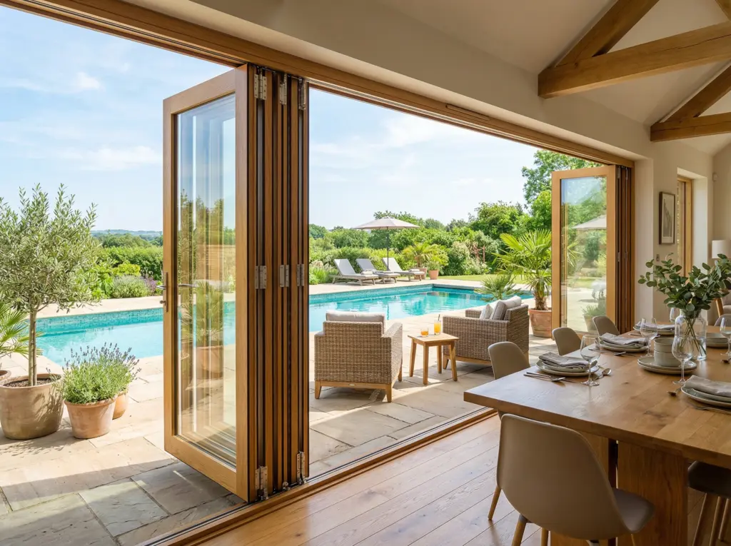 Exterior view of oak wooden folding doors connecting a modern dining area to an outdoor patio.