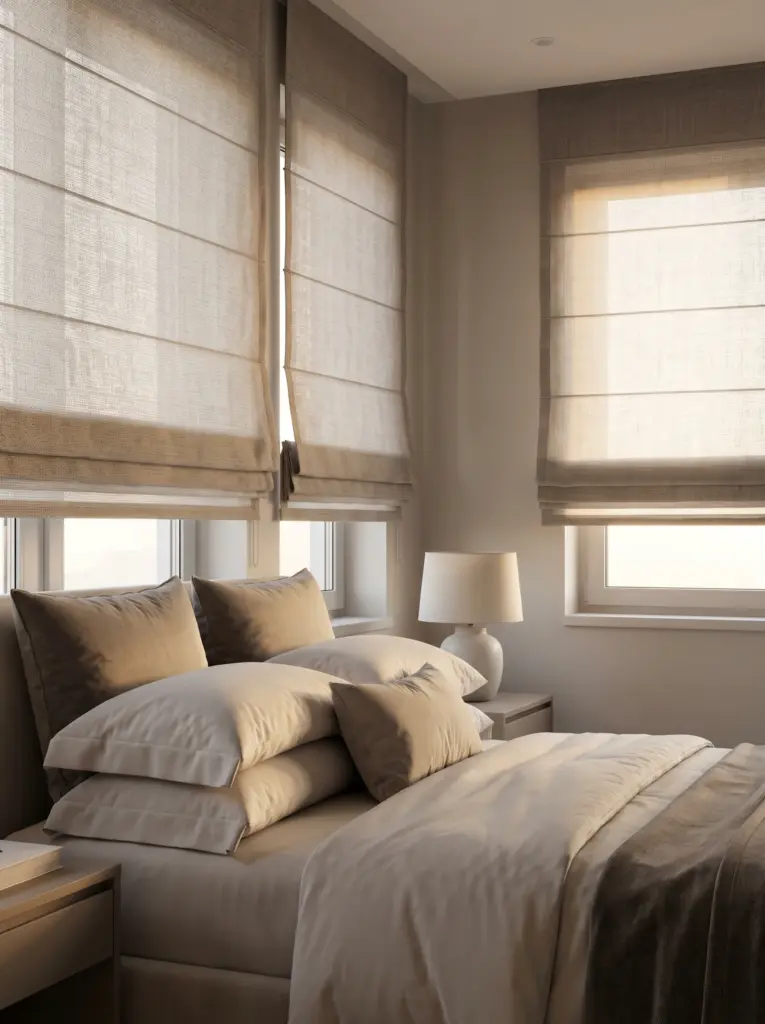 Precision measured Roman blinds elegantly shading a contemporary TV lounge.