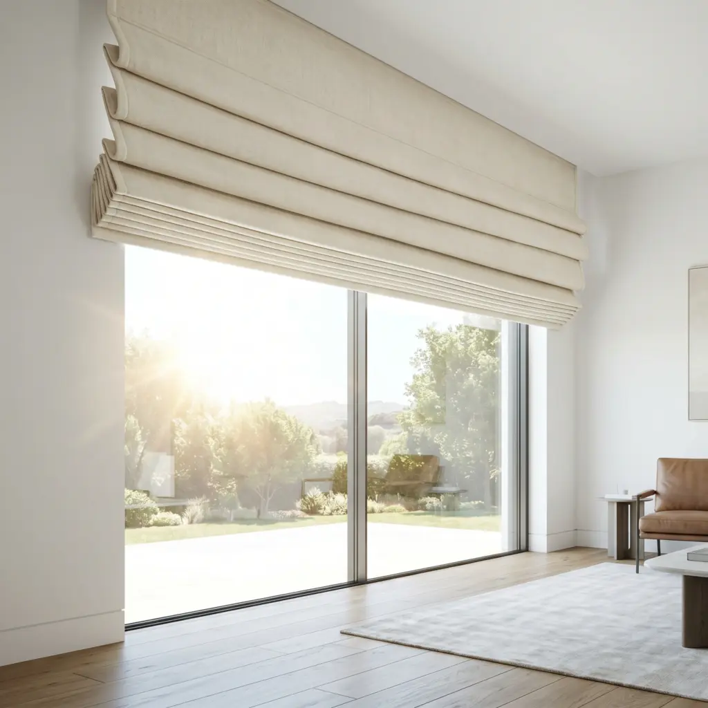 Premium padded interlined Roman blinds offering exceptional insulation and luxury.