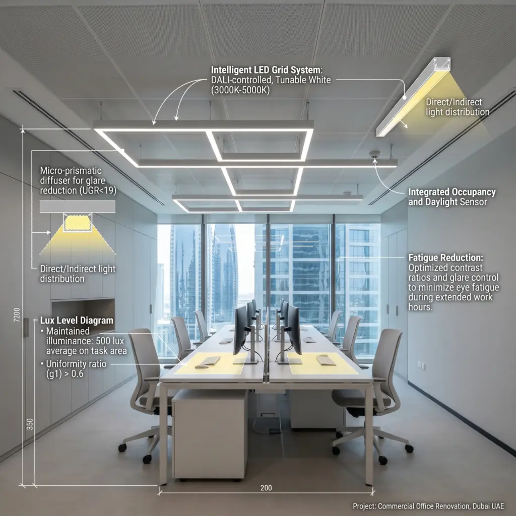 Intelligent LED grids deployed to reduce fatigue during a professional office renovation Dubai.