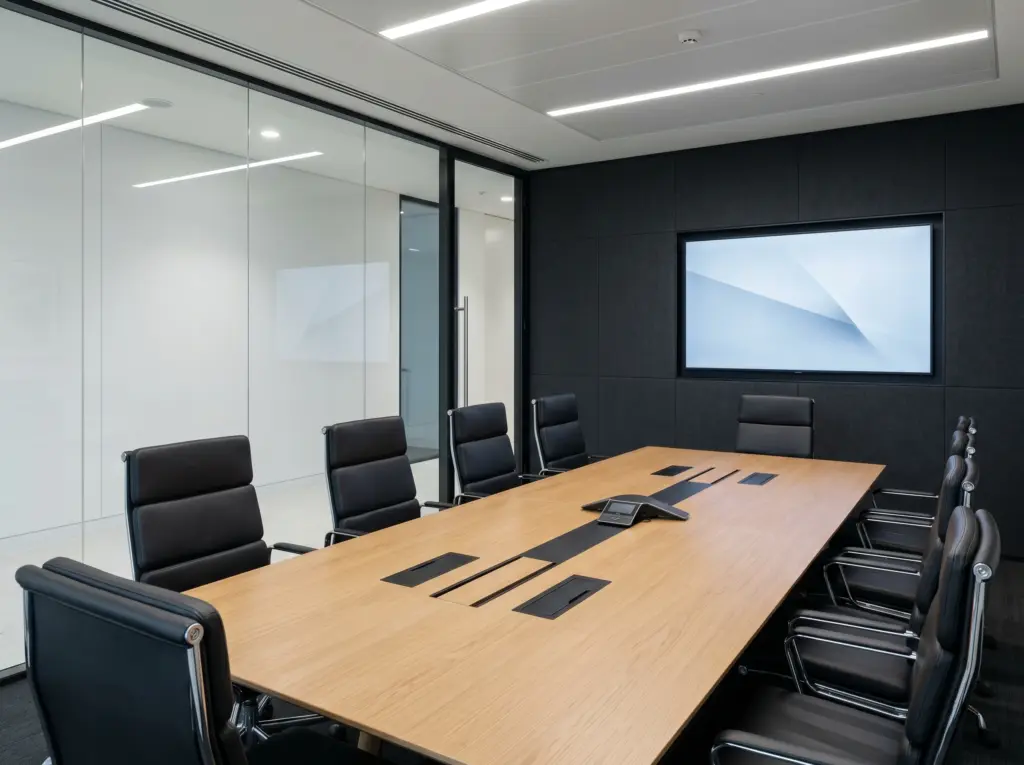 A technologically advanced meeting space designed during a complete office renovation Dubai.