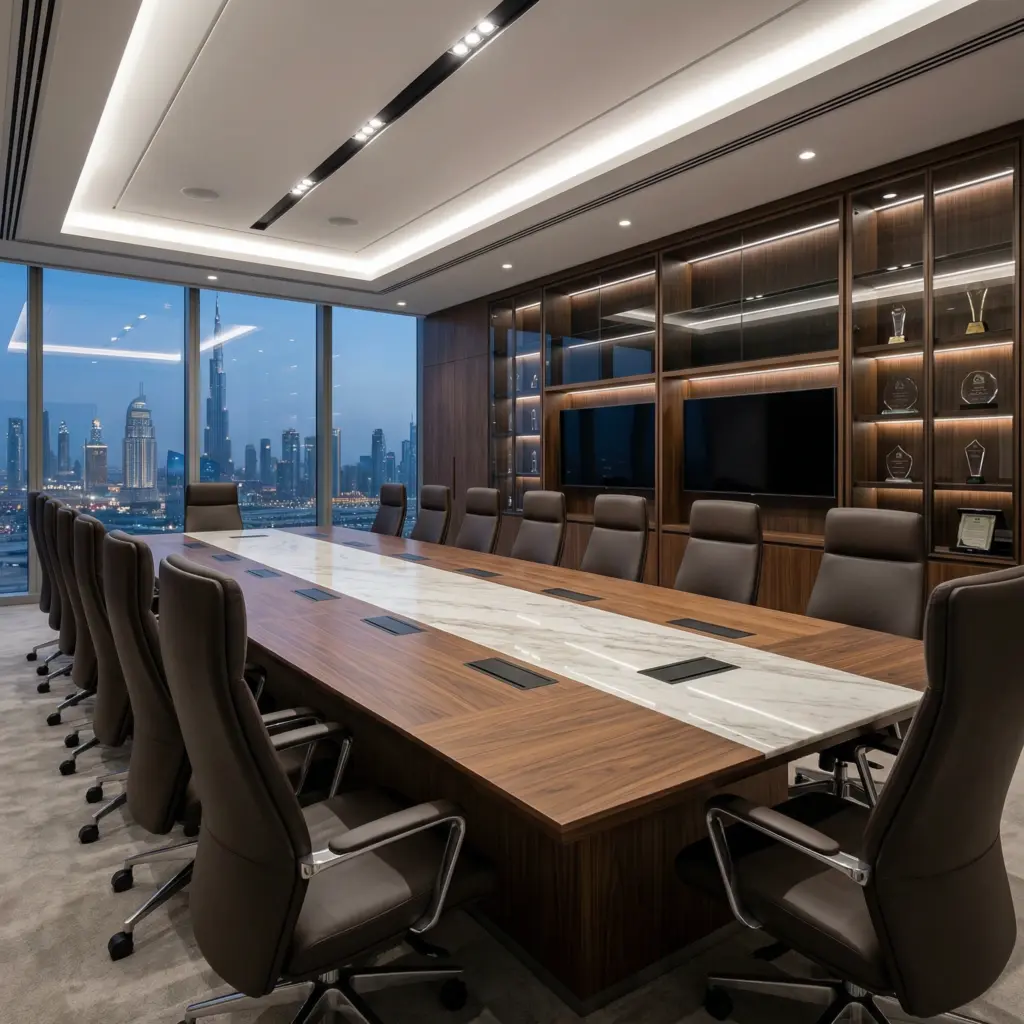 Executive-level boardroom installation featuring a bespoke conference table and ergonomic seating.