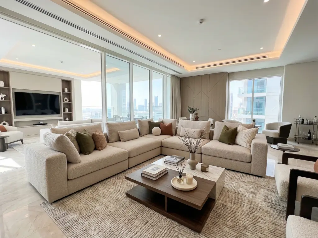 Expansive modular sectional corner sofa layout.