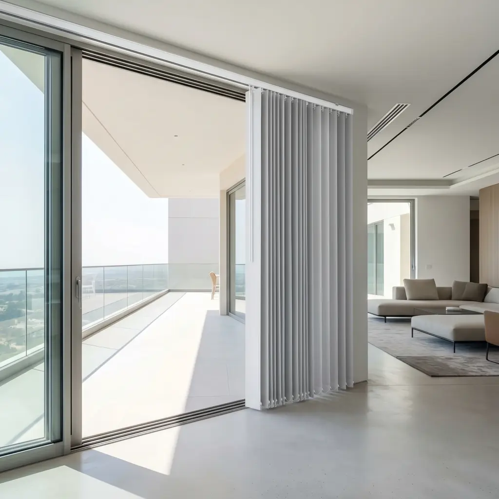 Sleek vertical tracking mechanisms stacking neatly to allow access through expansive glass doors.