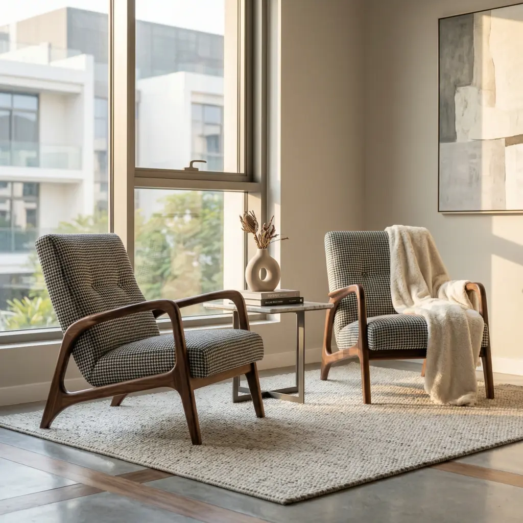 A matching set of statement accent pieces blending ergonomics with high-fashion aesthetics