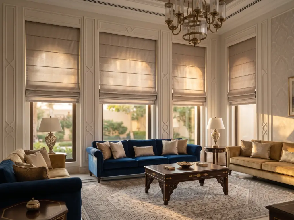 Opulent faux silk Roman blinds enhancing the elegant decor of a formal sitting room.