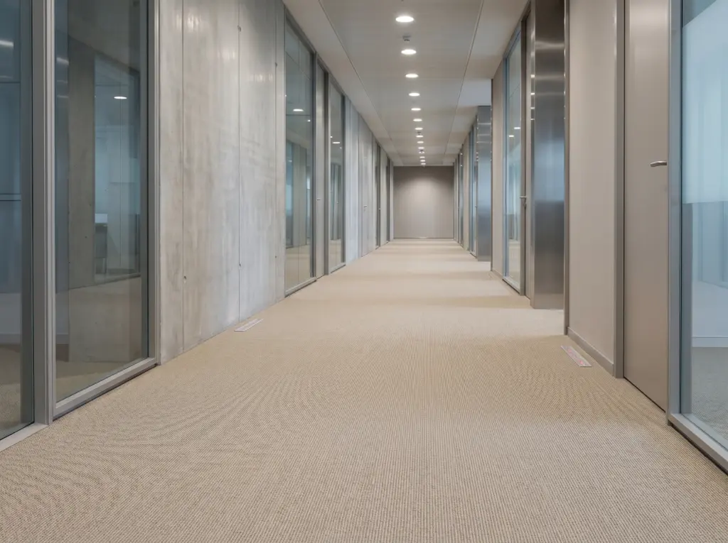 Certified fire-rated commercial carpeting ensuring safety and legal compliance in corporate buildings