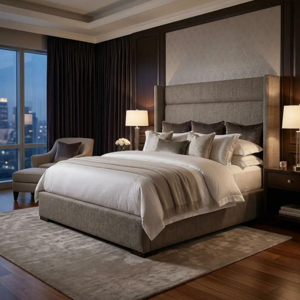 Luxurious tailored customized bed foundation for a master suite.