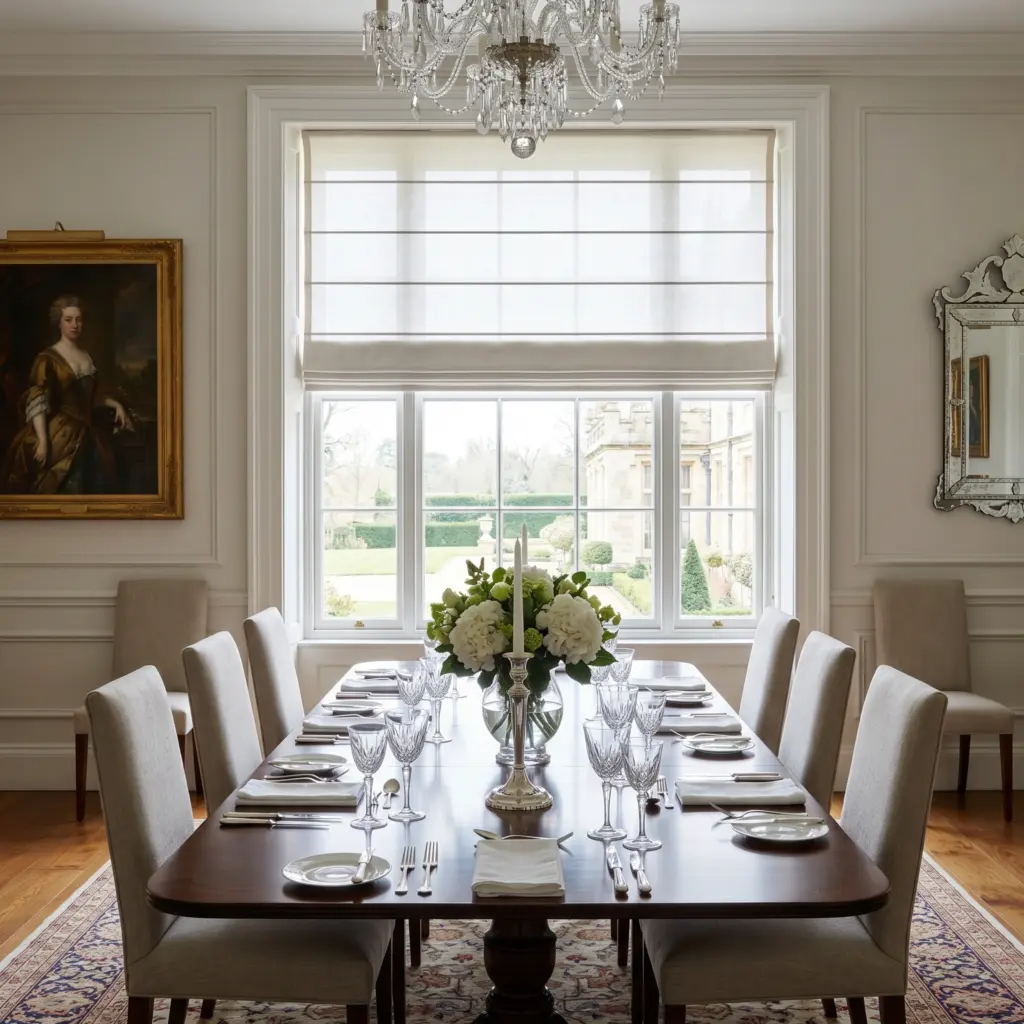 Symmetrical and perfectly pleated classic fold Roman blinds in a refined dining room.