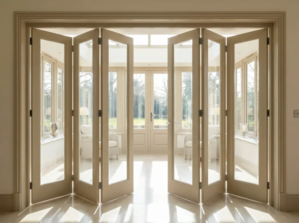 Wooden folding doors with French-style glass inserts allowing maximum sunlight.