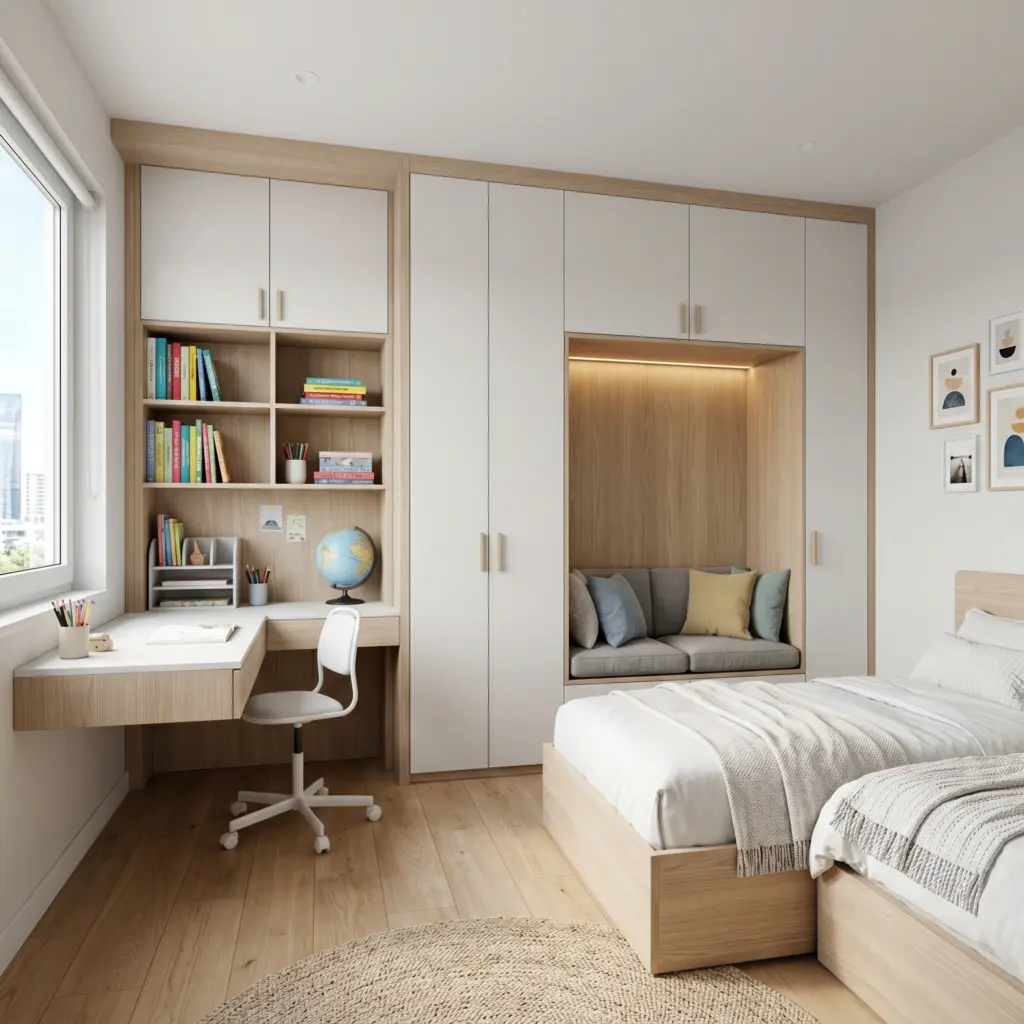 Custom designed study and sleep zone for kids bedroom renovation Dubai