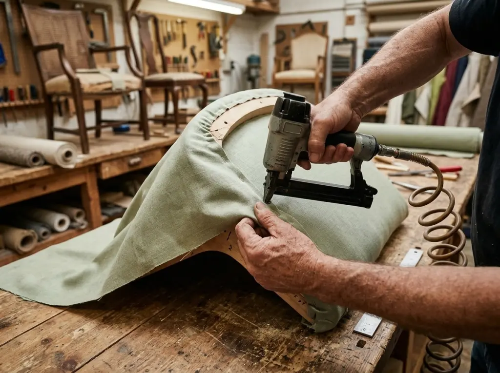 A skilled craftsman performing furniture repair and upholstery on a green chair.