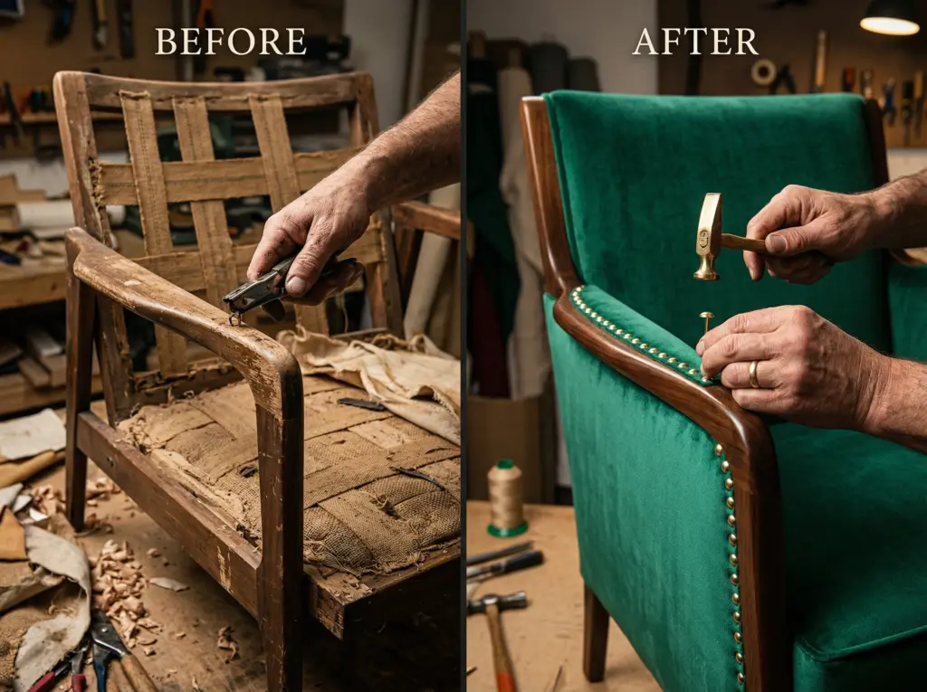 Close-up of expert furniture upholstery showing high-quality fabric restoration on a classic armchair.