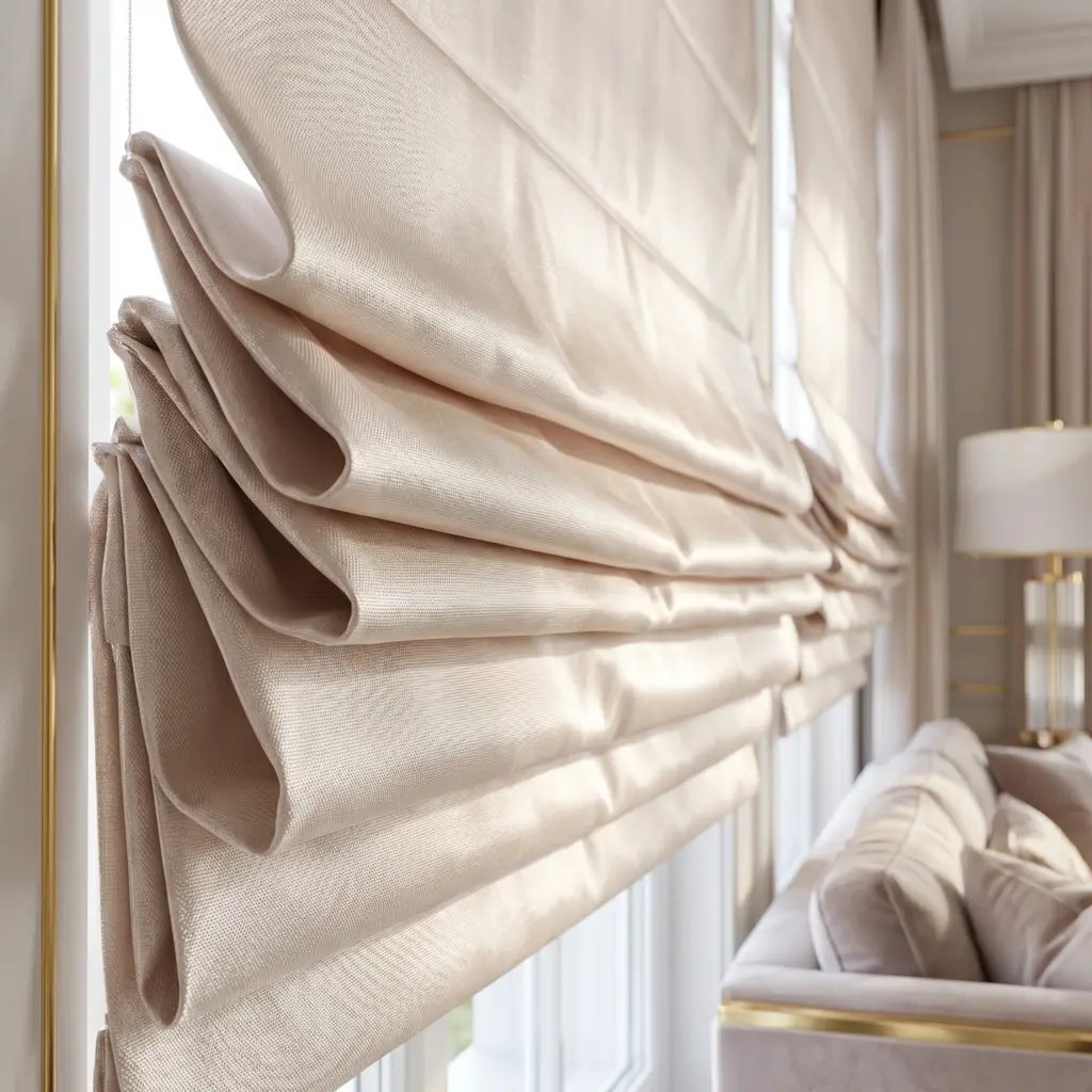 Brilliant light-catching faux silk Roman blinds in an upscale living environment.