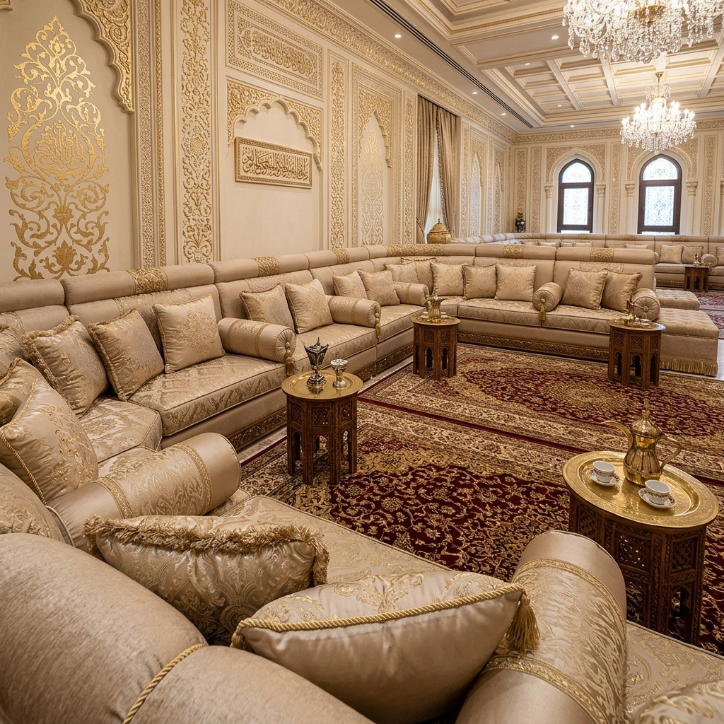 A massive Majlis seating area featuring upgraded premium fabrics.