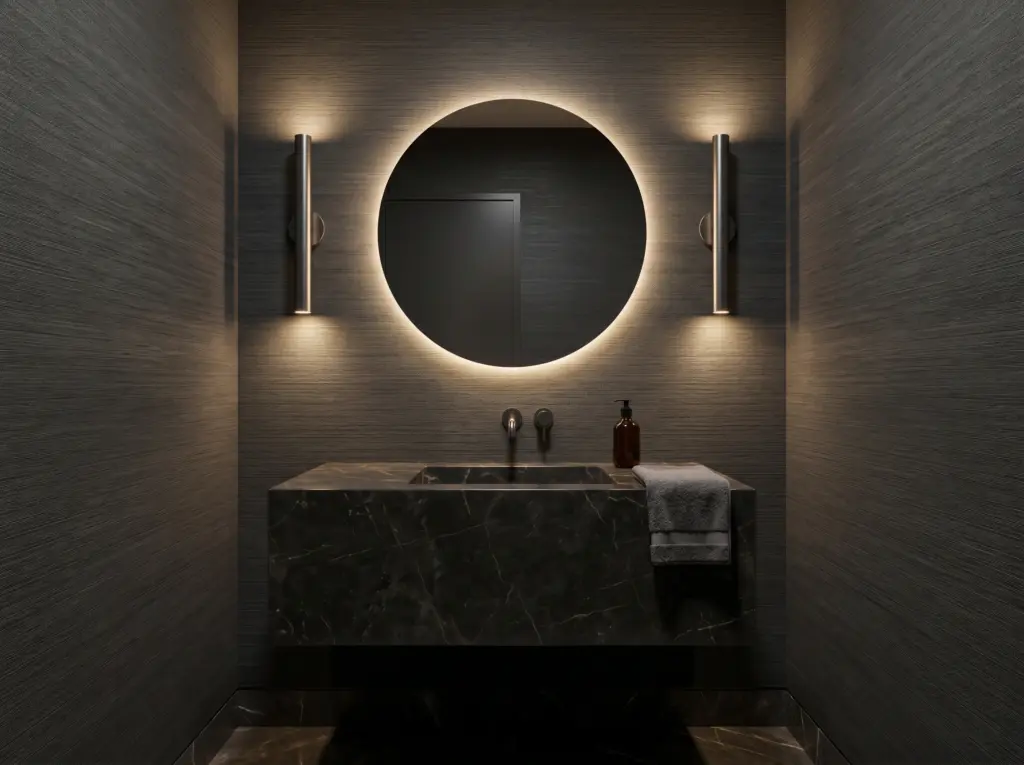A striking and elegant guest washroom upgraded during a complete bathroom renovation Dubai project.