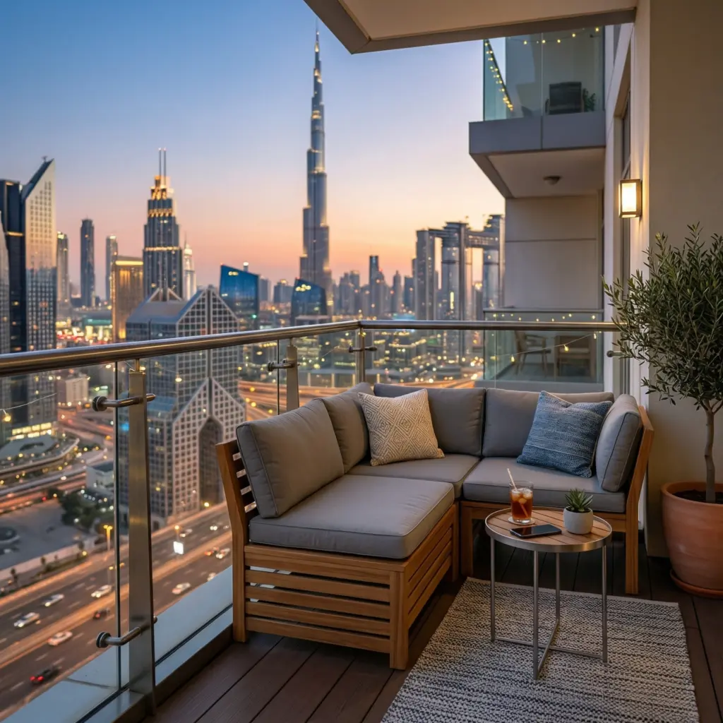 Narrow outdoor apartment terrace optimized with custom weatherproof seating and tables.