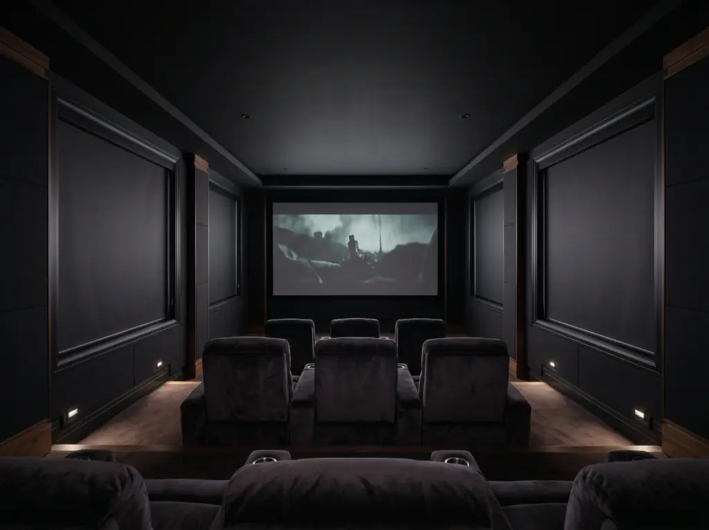 Dedicated home theater room darkened effectively with specialized cinematic window coverings.