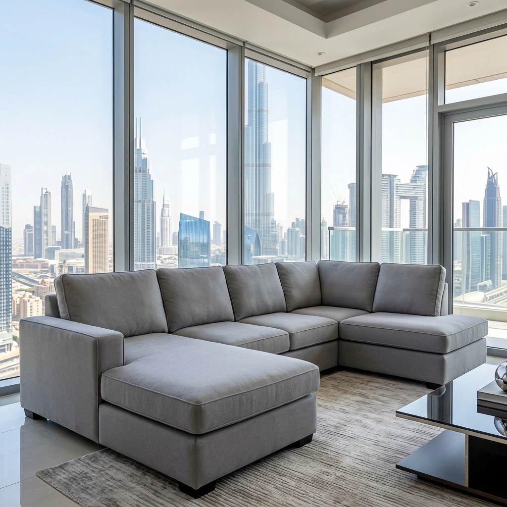 A fully reinforced and repaired grey L-shaped sofa with a city skyline view.