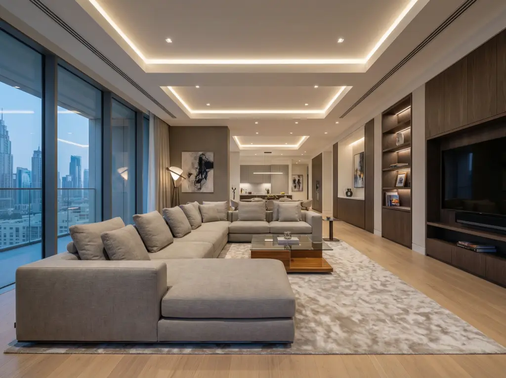 Luxurious living room anchored by a bespoke entertainment unit and shelving.