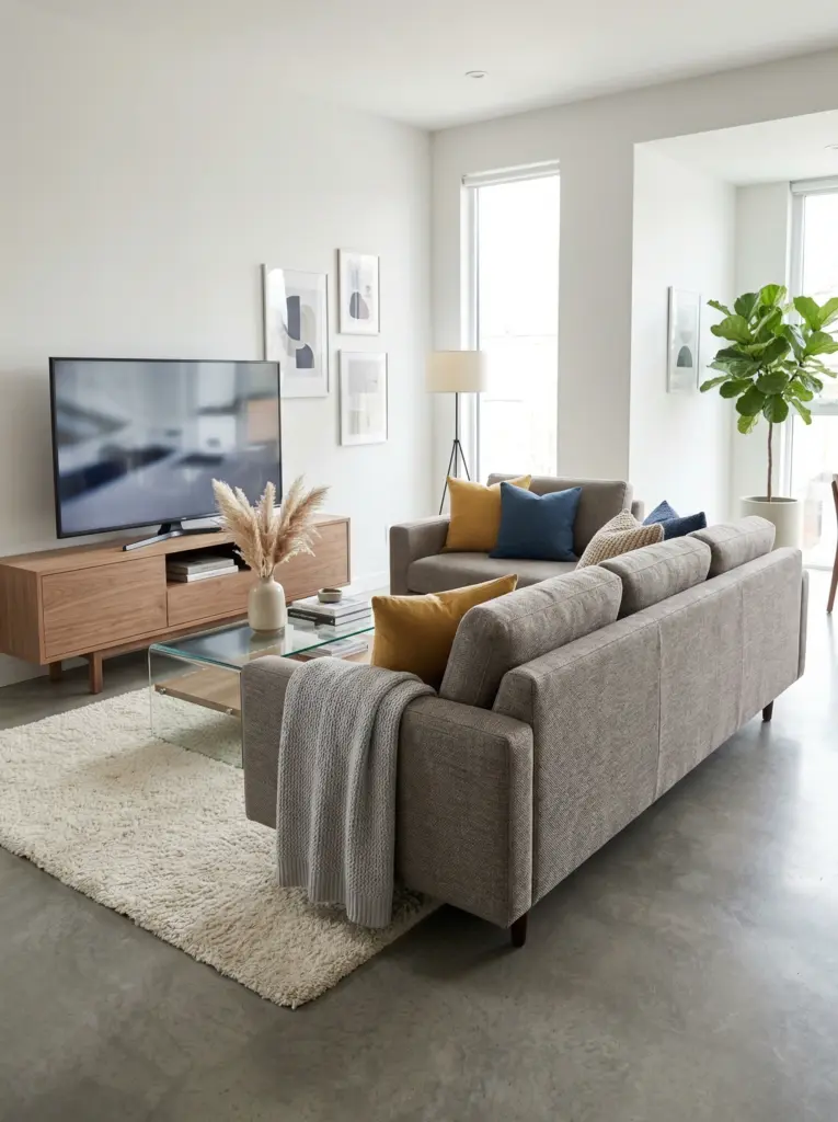 A restored fabric sofa set in a contemporary living room setting.