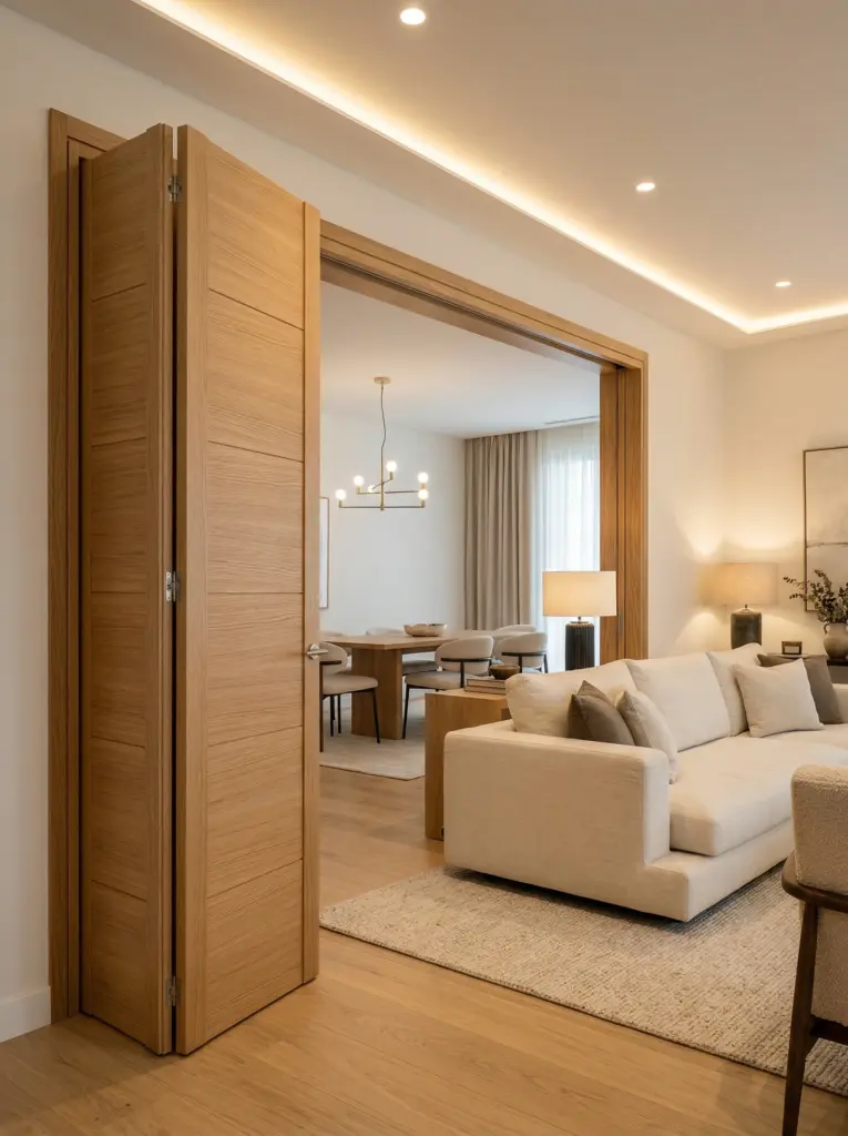 Custom wooden bifold doors separating a modern living room and dining area.