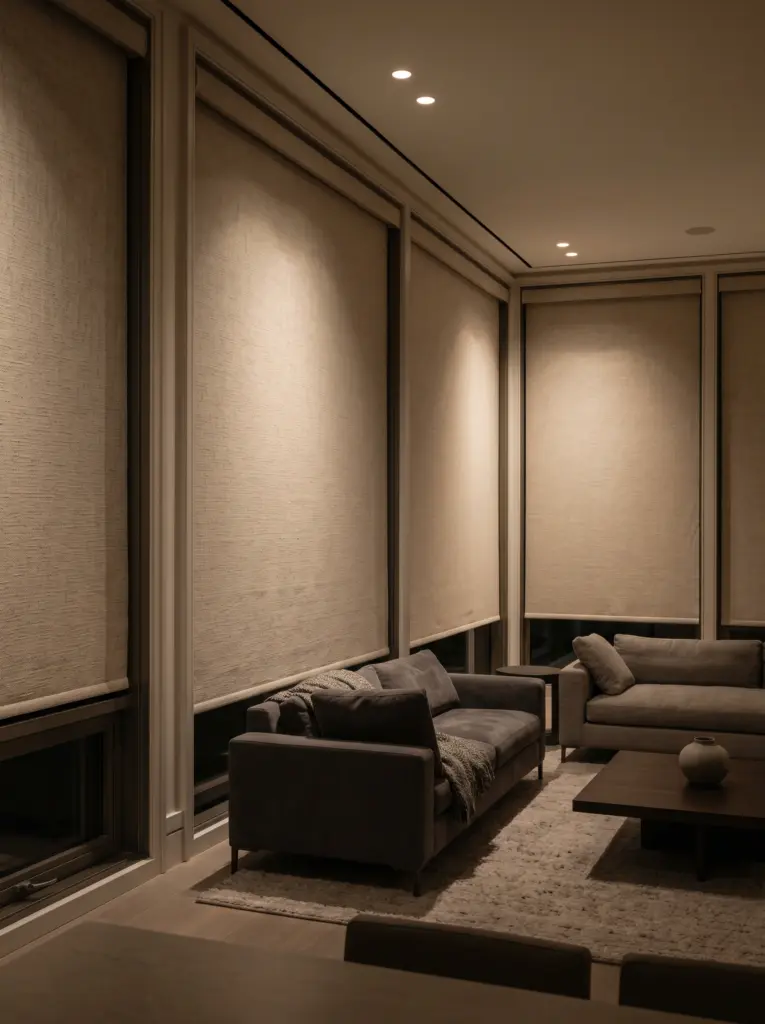Custom light blocking shades covering windows in a modern living space.